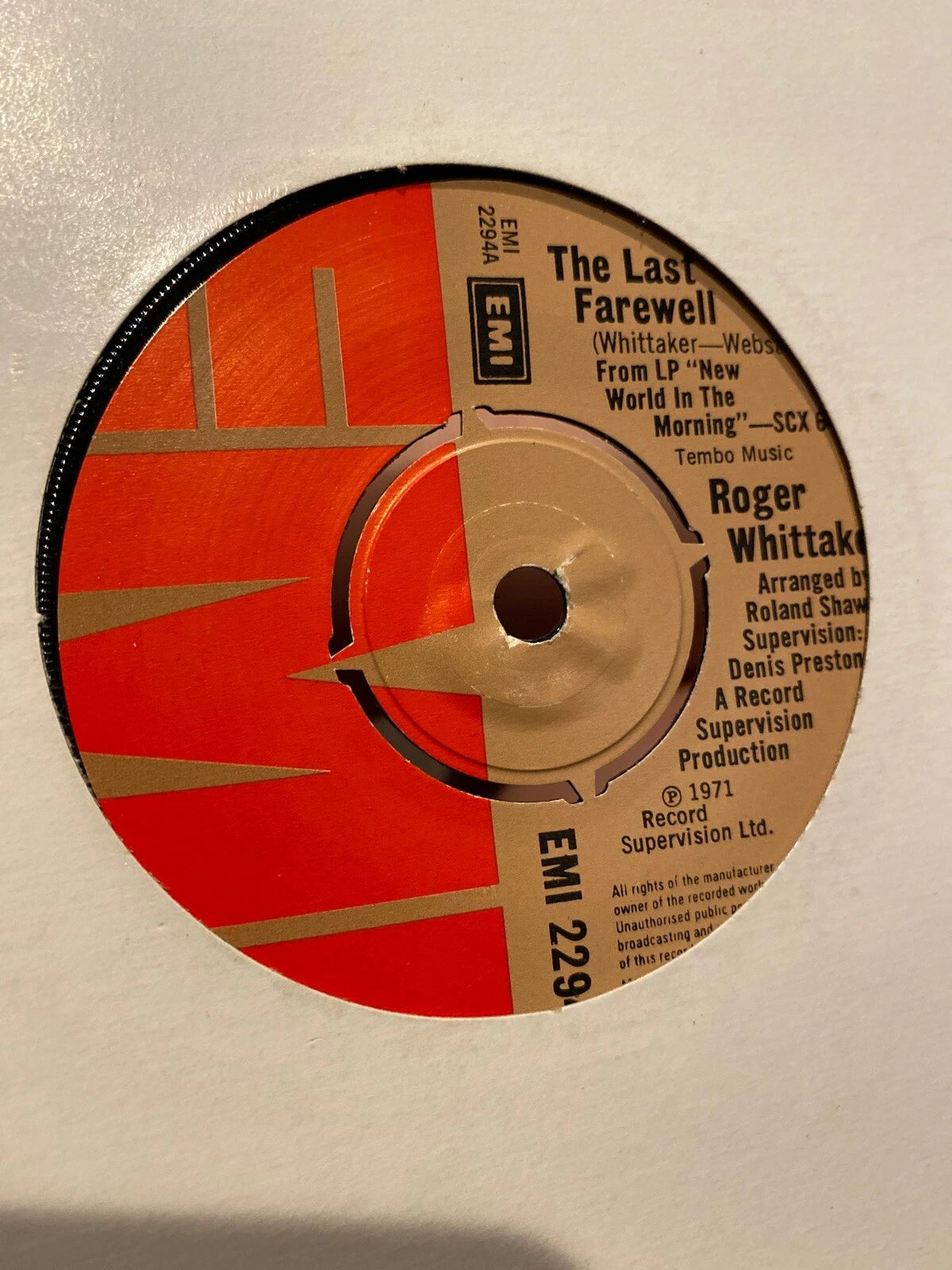 ROGER WHITTAKER " THE LAST FAREWELL " 7" SINGLE UK import EMI 2294 ( 1971 )