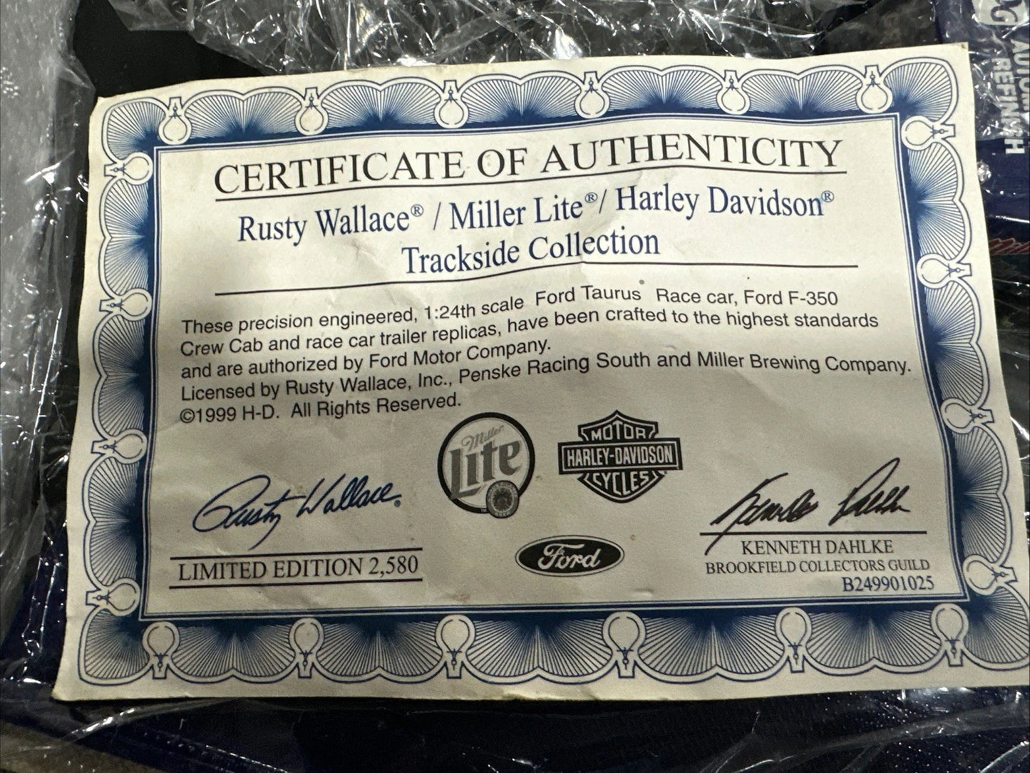 1999 Brookfield Collectors Guild Rusty Wallace Miller Lite Harley Davidson COA