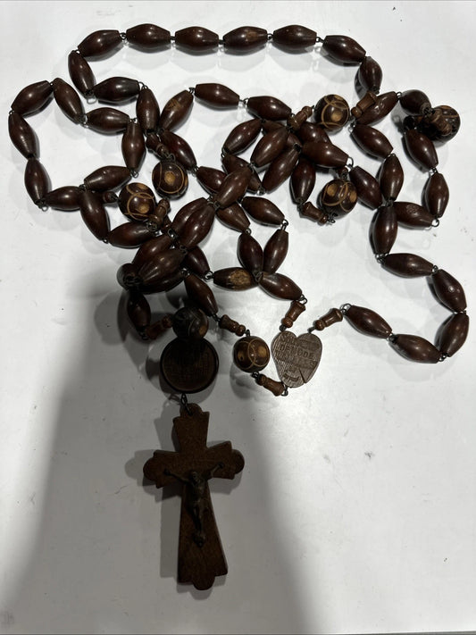 Vintage French Ste Anne de Beaupre Carved Wood Bead Rosary 57 Inch