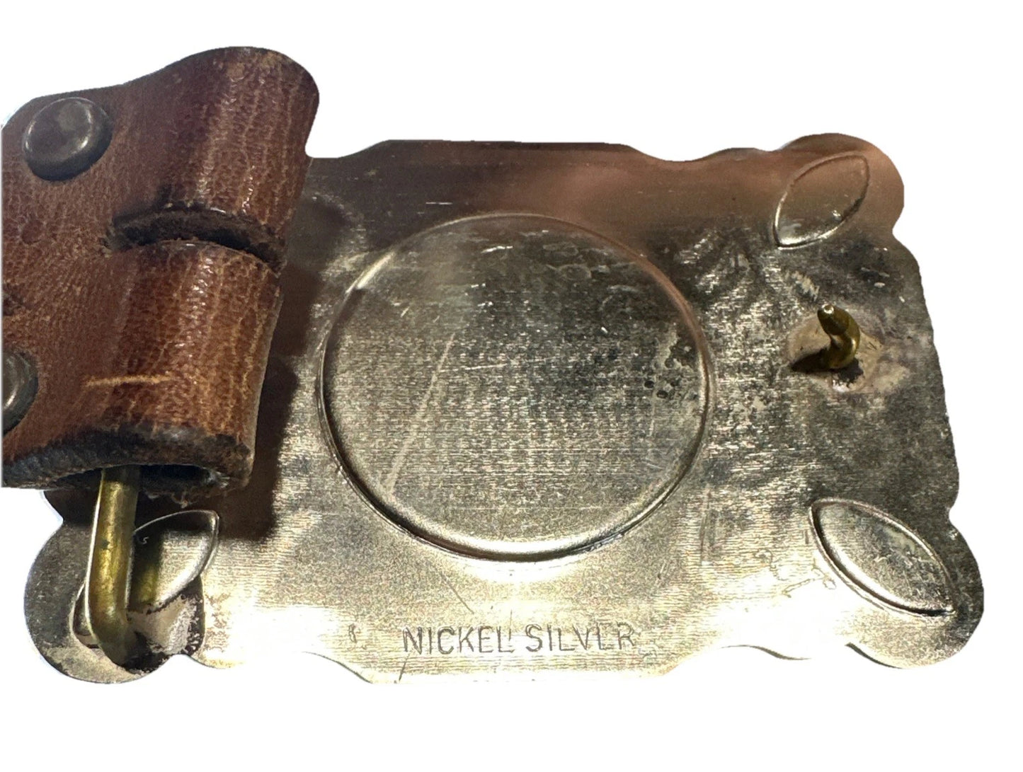 Vtg 70s Native American Nickel Silver Faux Turquoise Men's Belt Buckle (36 Belt)