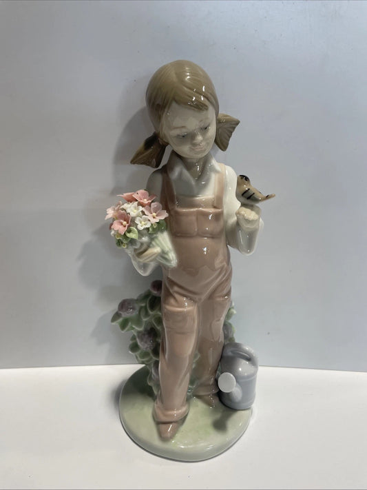 Lladro Figurine 5217 Spring Girl Flowers, Bird & Watering Can Great Condition