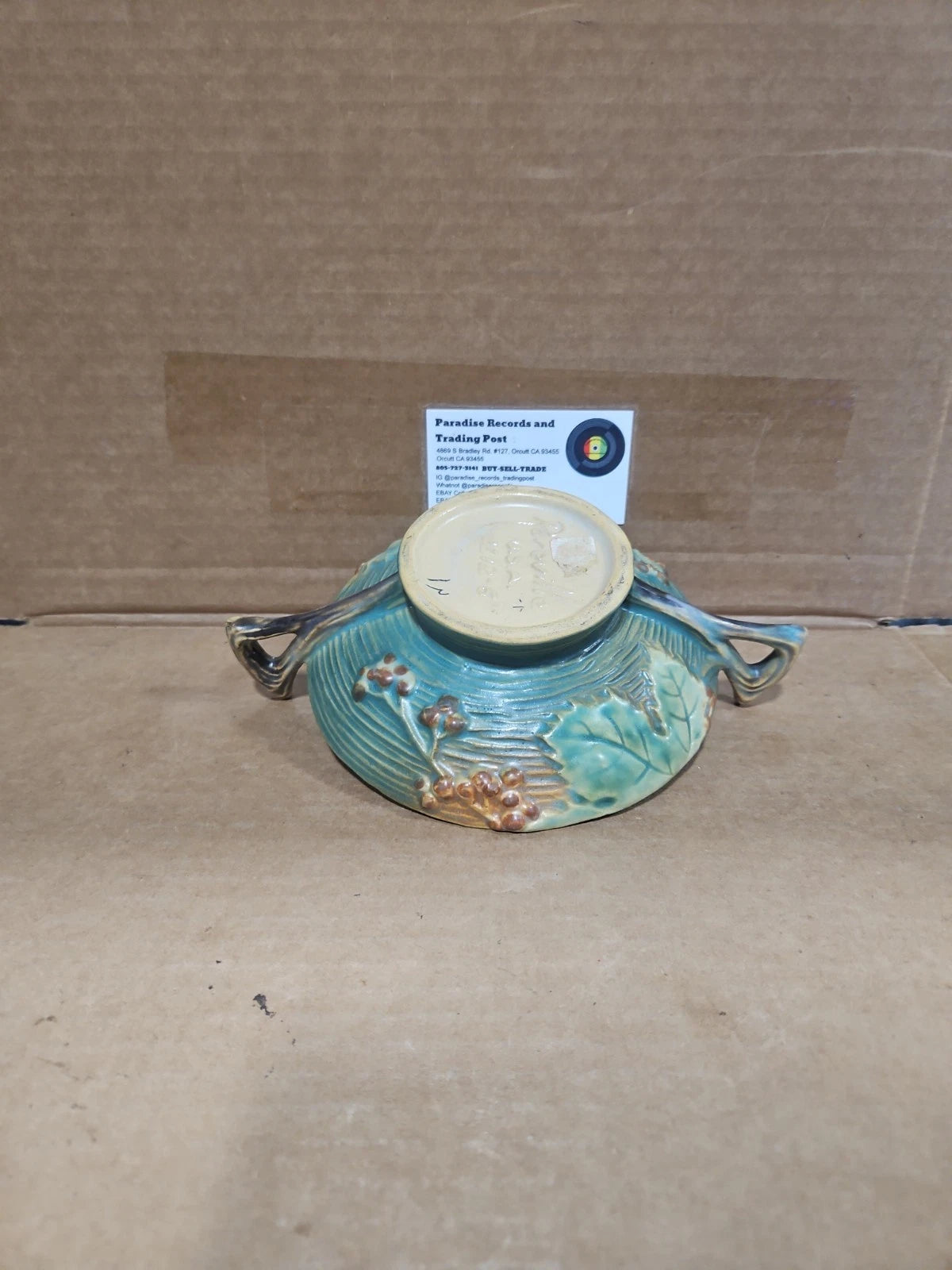 1940s Roseville Art Pottery Blue Bushberry Footed Bowl w/ Two Handles 412-6"