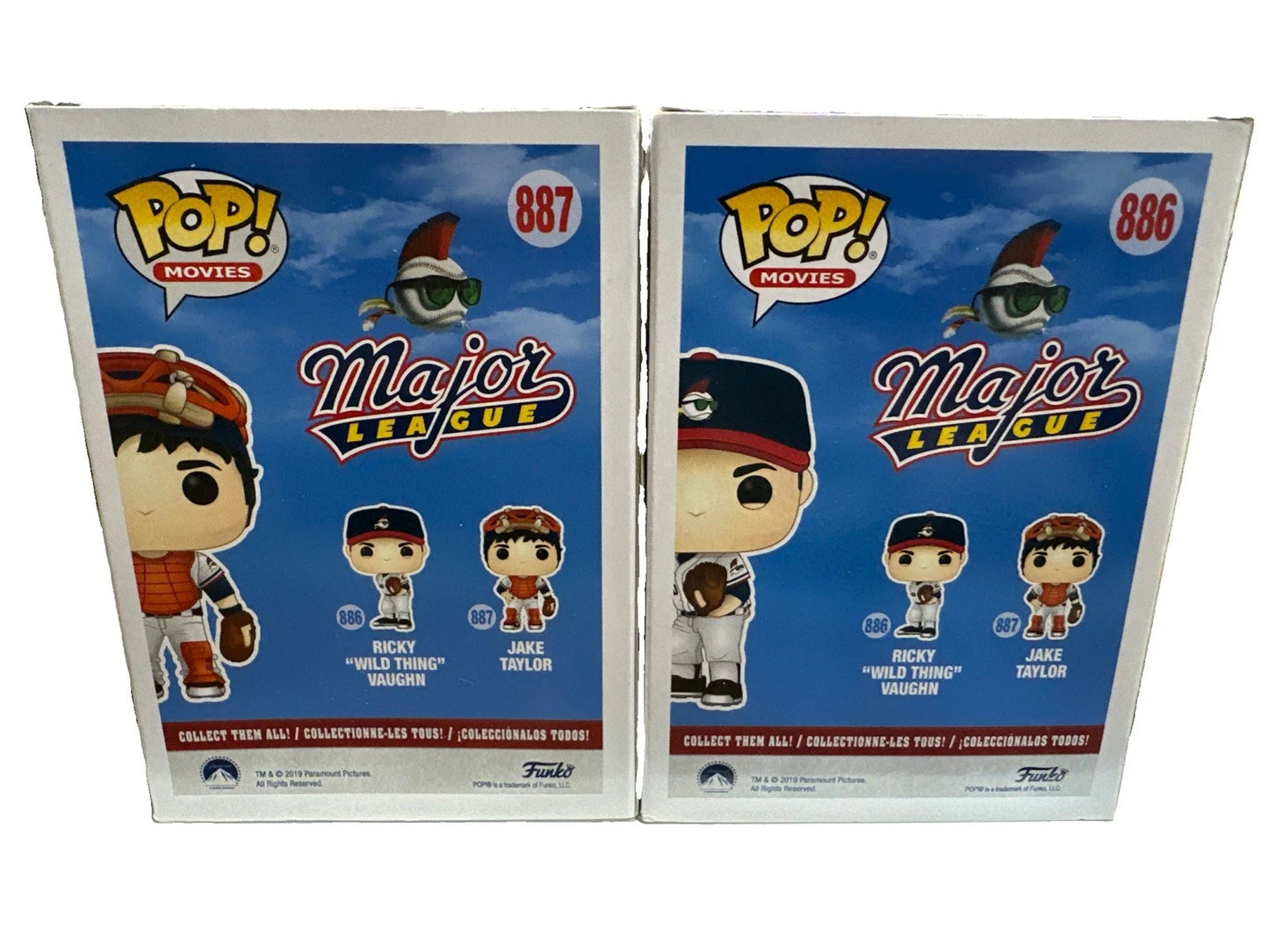 FUNKO Pop! Movies MAJOR LEAGUE Jake Taylor #887 Ricky Vaughn #886 Wild Thing lot
