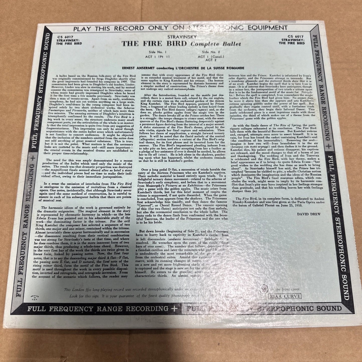LONDON CS 6017 STRAVINSKY The Firebird ANSERMET 1958 Vinyl LP Ballet Blue Back