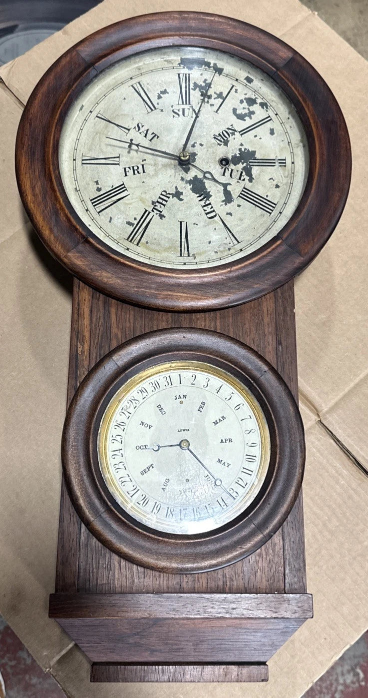Antique Lewis Patent Double Dial Perpetual Calendar Clock Partially Working RARE