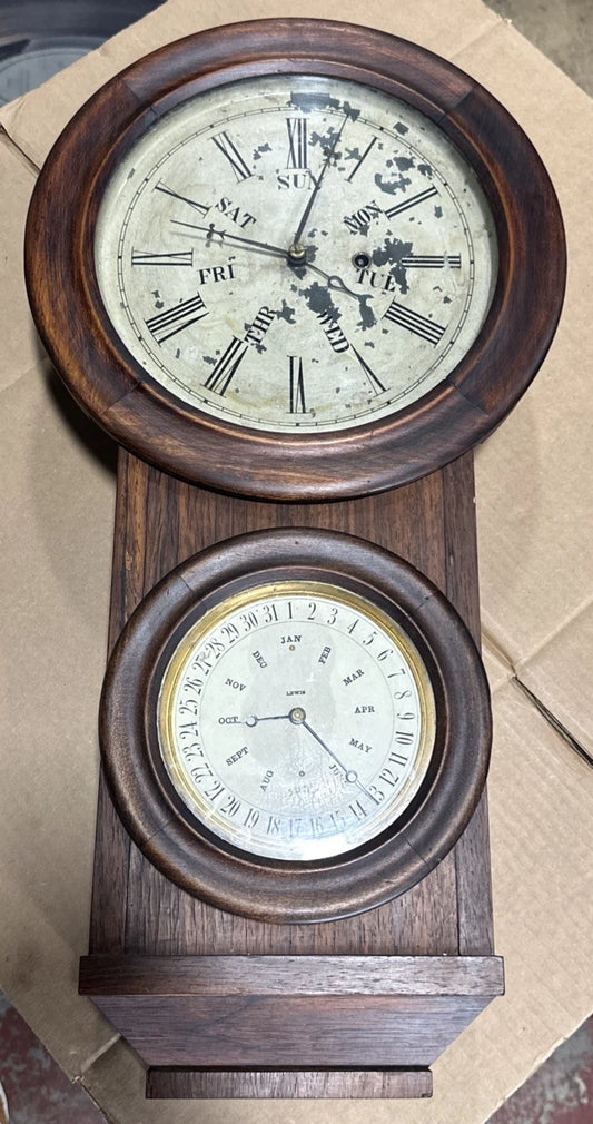 Antique Lewis Patent Double Dial Perpetual Calendar Clock Partially Working RARE