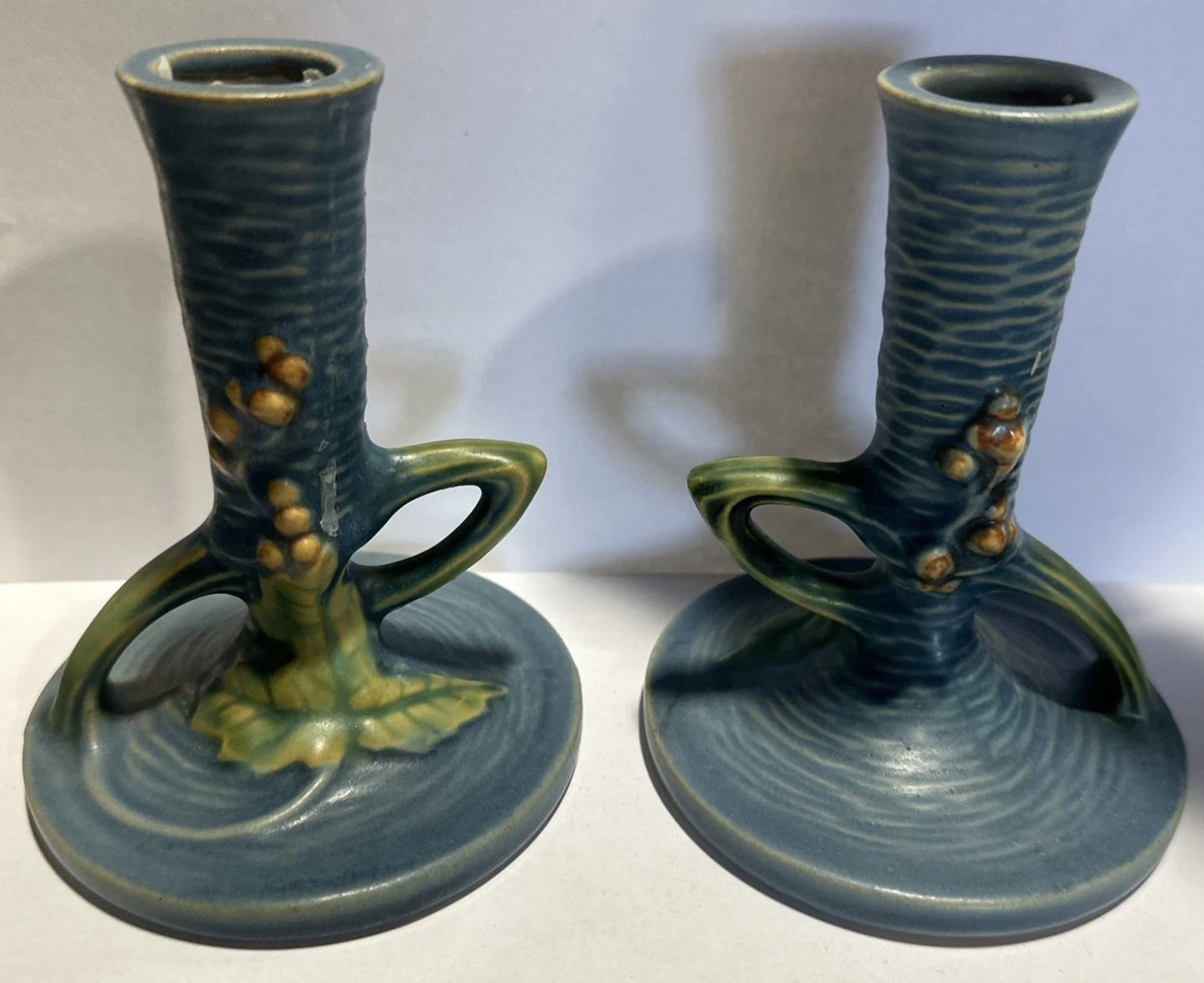 Old Roseville pottery Apple Blossom blue pr candlestick holders 352-4 1/2