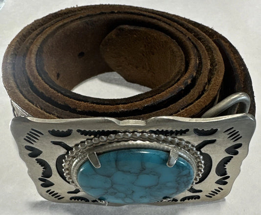 Western Americana Belt Buckle Silver Tone Turquoise Stone Engraved