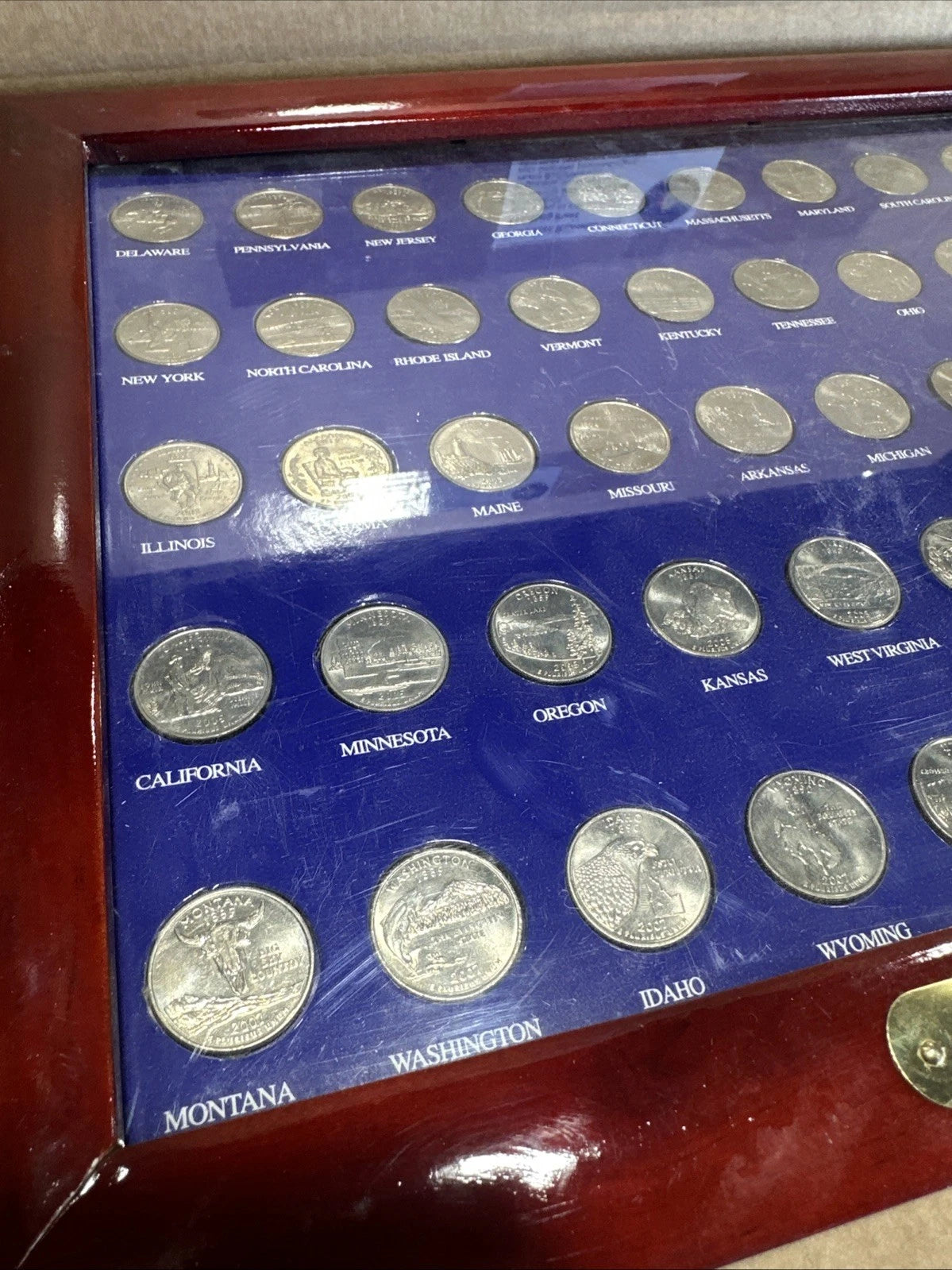 50 State Quarter Collectors Showcase Wood Grain Coin Display Frame with Quarters