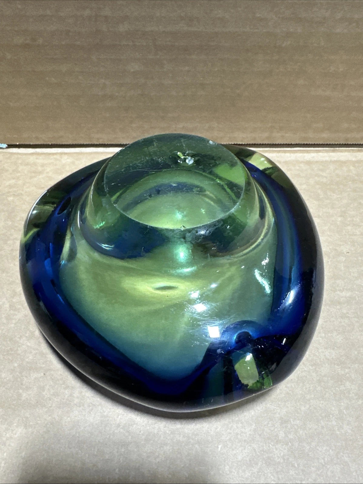 Possible Murano Art Glass 2 Color Green Blue Sommerso Ashtray Bowl Chipped