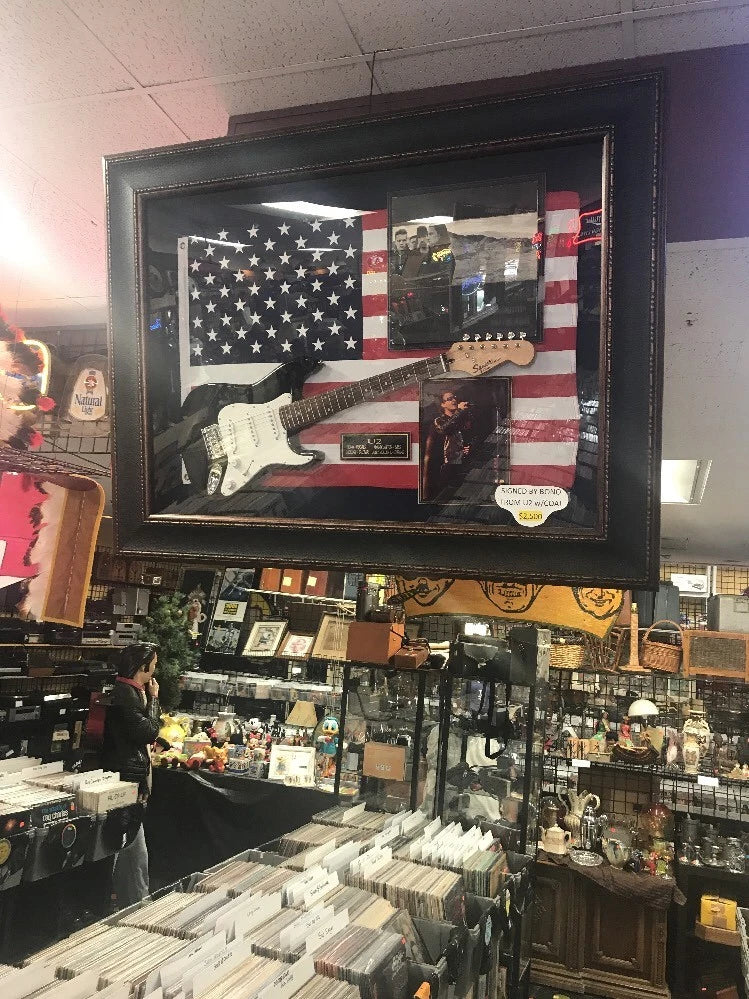 Signed U2 Joshua Tree Record W Squire Mini Guitar, Photo in Plexiglass Frame COA