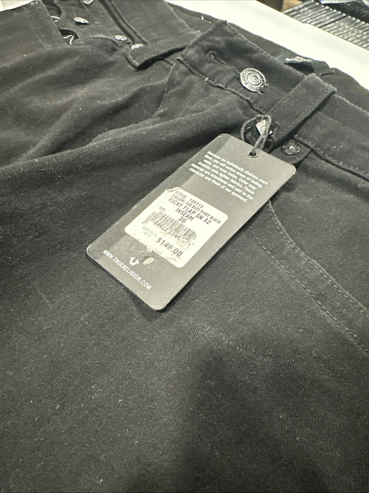 True Religion Jeans Mens size 36x32 Ricky Flap SN Relaxed Straight Black Denim
