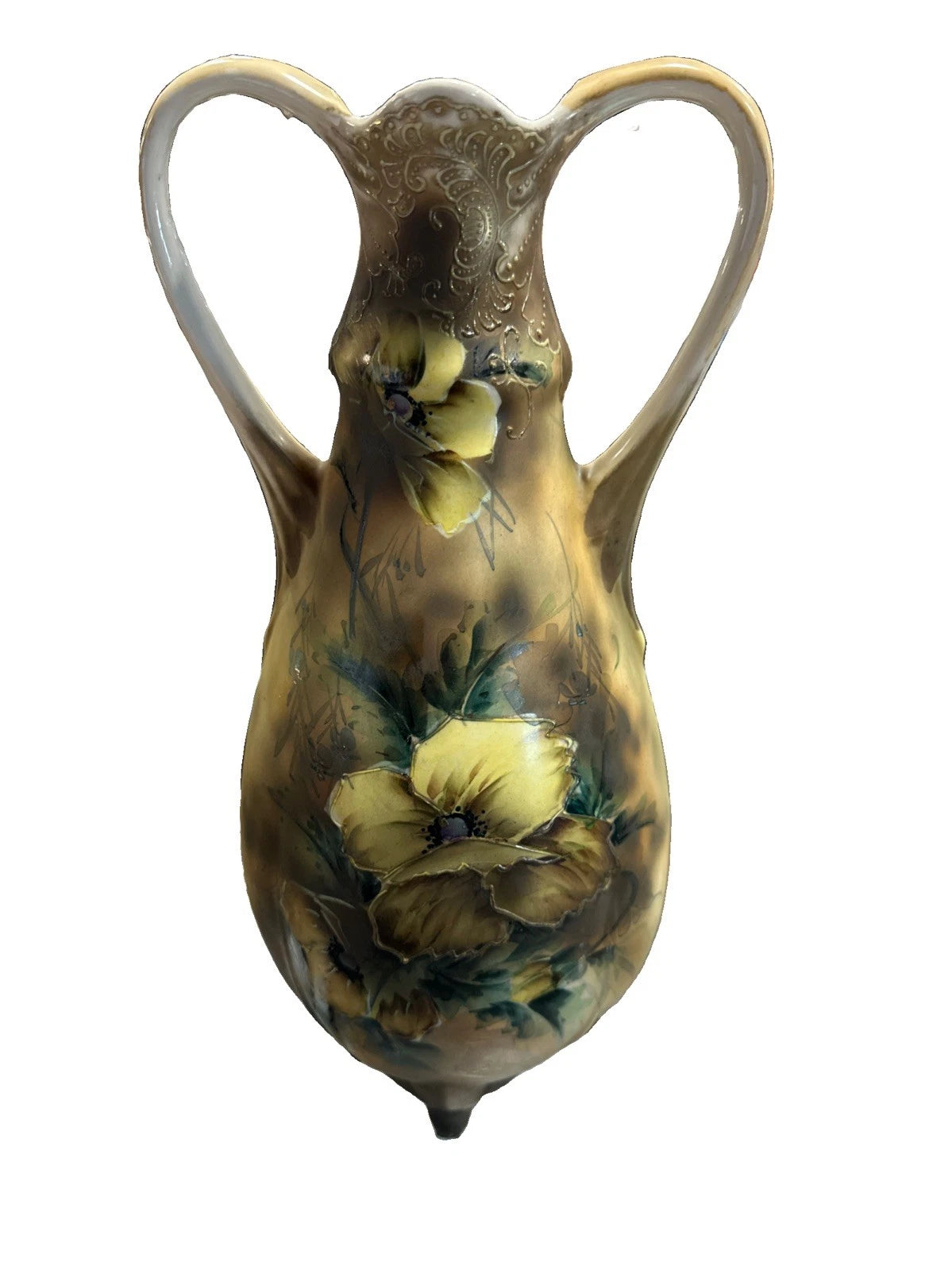 Antique Royal Nippon Nishiki Hand Painted Moriage Gold Poppies 4 Footed Vase 13”