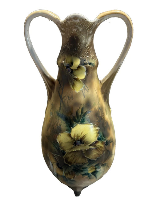 Antique Royal Nippon Nishiki Hand Painted Moriage Gold Poppies 4 Footed Vase 13”