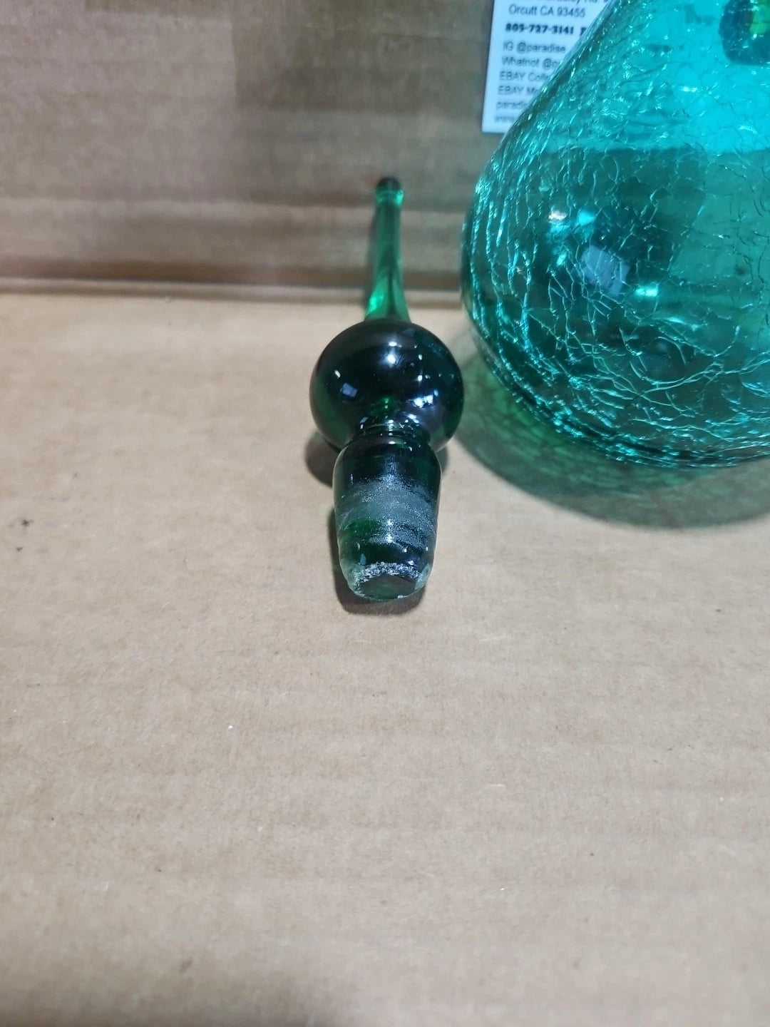 Green Crackle Art Glass Decanter With Stopper Vintage Rare