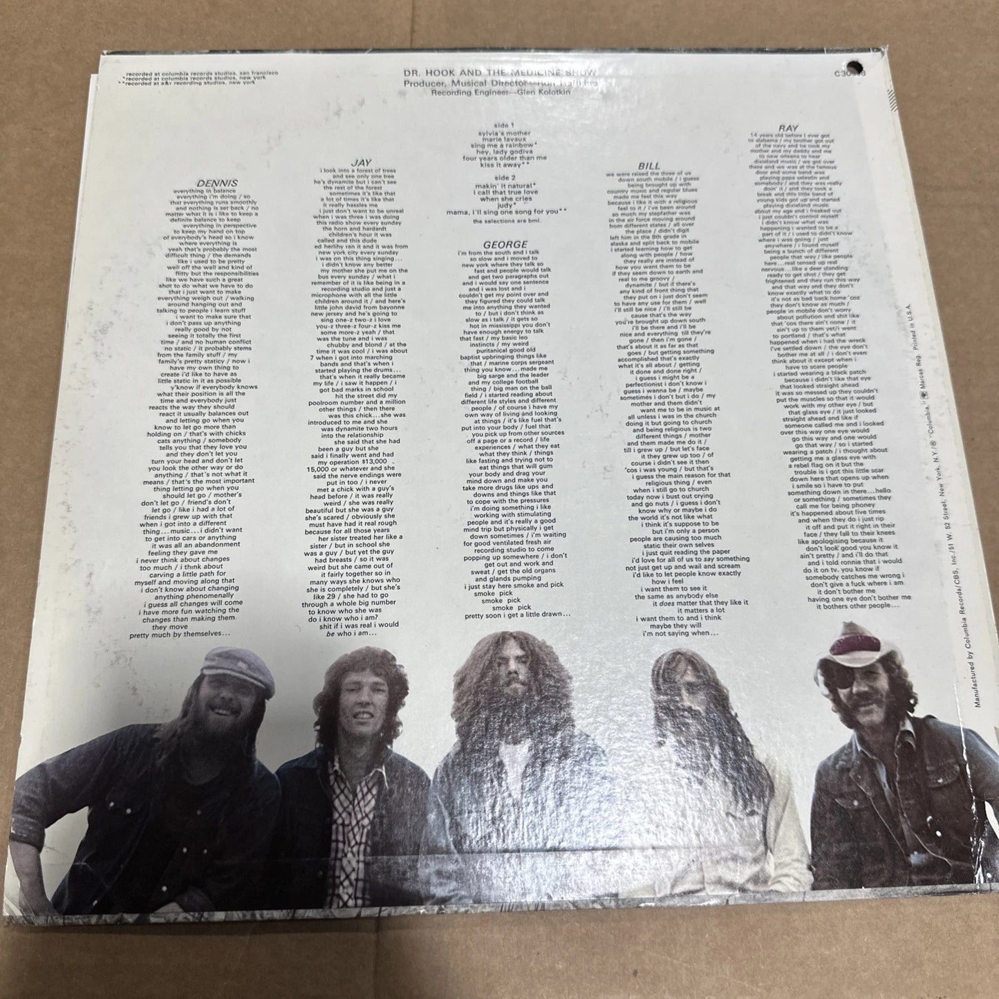 DR HOOK AND THE MEDICINE SHOW 1972 Vinyl LP Lyric Sheet on inlay C 30898