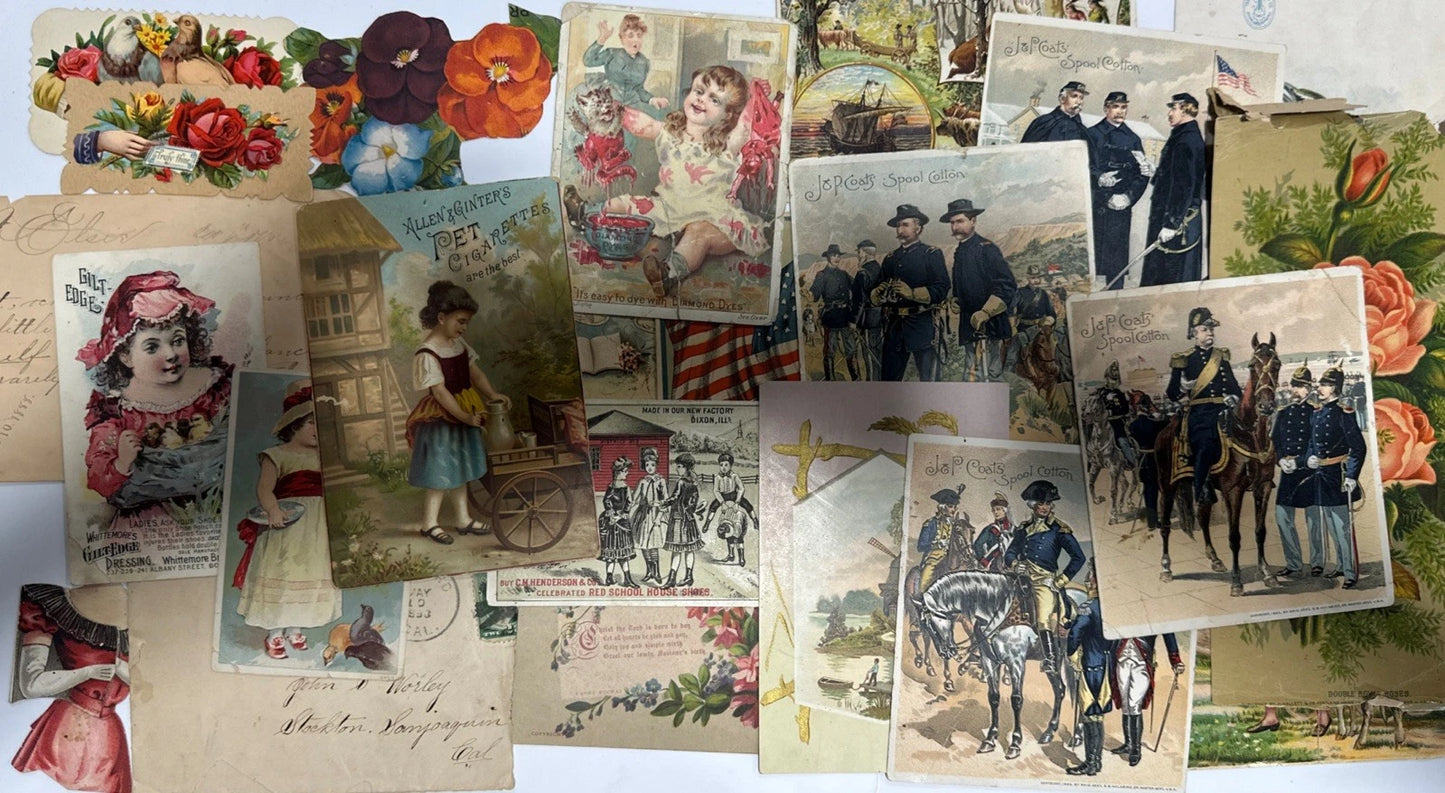 1880-90s Vintage Antique Cards, Stickers, & Letters Lot