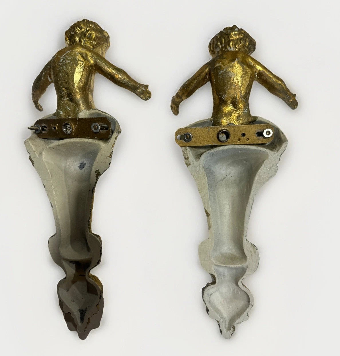 Antique French Style Plaster Cast Cherub Angel Pair Mounts Sconces Accents