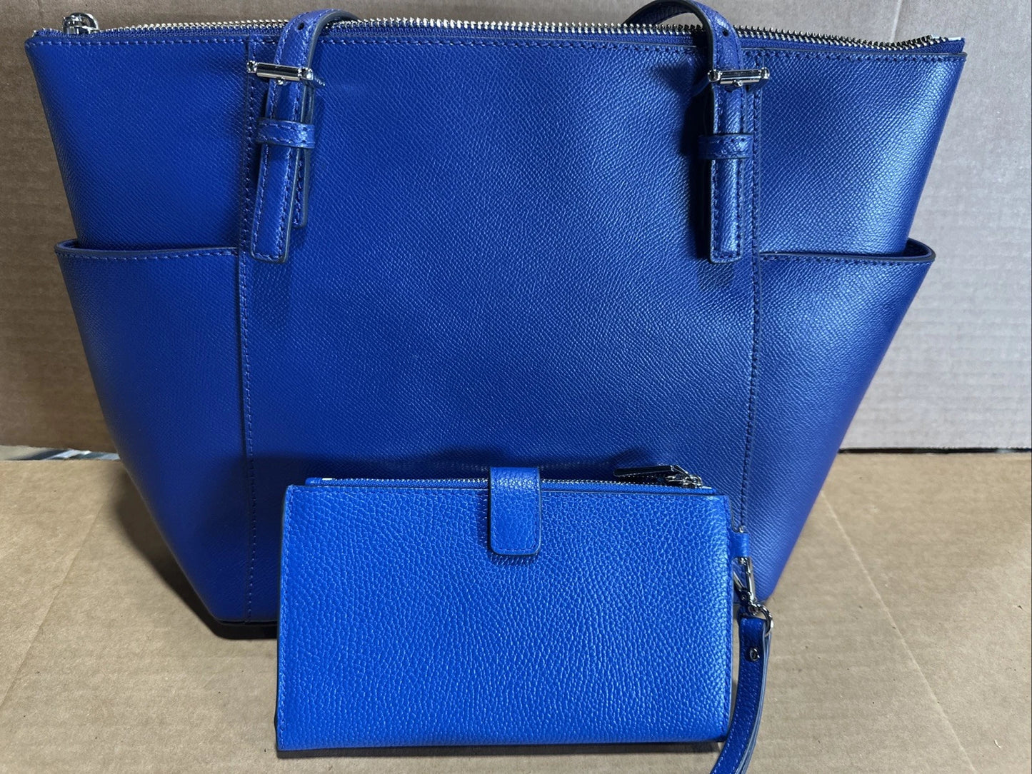 Michael Kors Jet Set Leather Tote Bag Blue With Blue Wristlet Vintage
