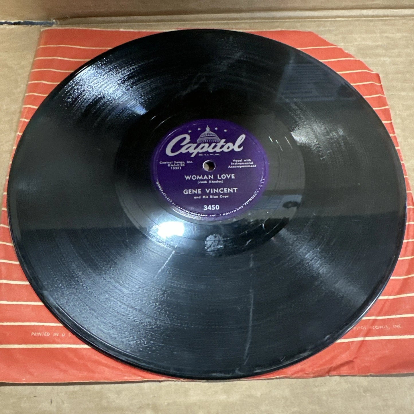 GENE VINCENT Vintage 78rpm "BE-BOP-A-LULA & WOMAN LOVE" on Capitol #3450 VG
