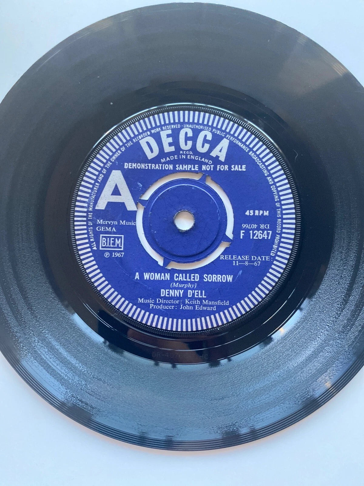 RARE UK 7” Denny D’ell “A Woman Called Sorrow/Night Has 1,000 Eyes” Demo Promo