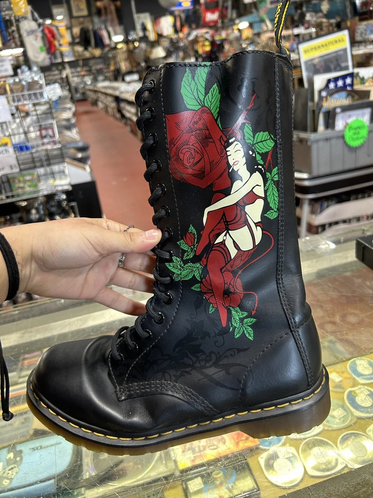 Dr Martens Womens Vintage Burlesque Boots Size 7 Black 14 Eye Mid Calf