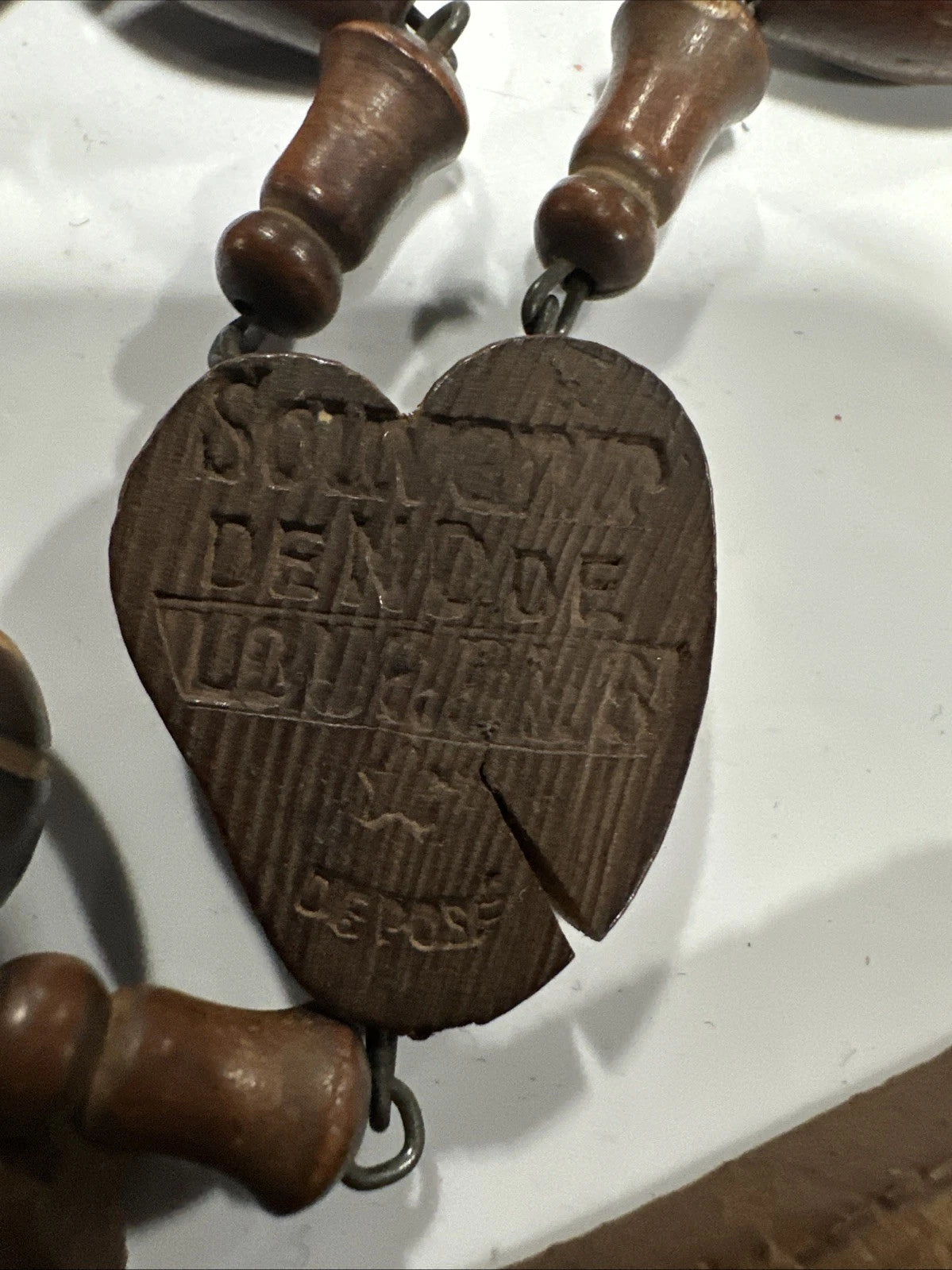 Vintage French Ste Anne de Beaupre Carved Wood Bead Rosary 57 Inch