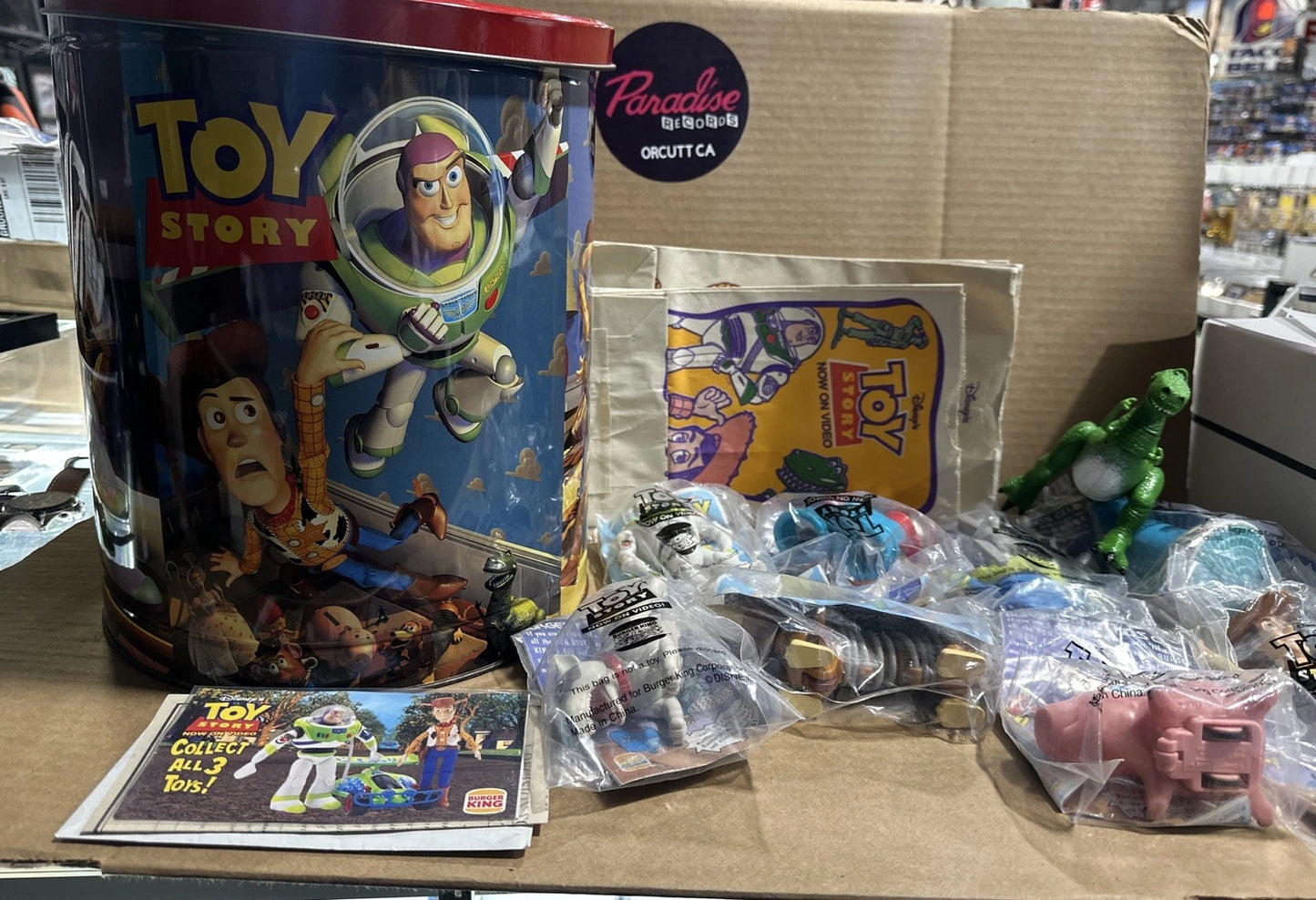 Vintage Disney Pixar Toy Lot - Large 11.5" Toy Story Tin w/ Various Collectibles