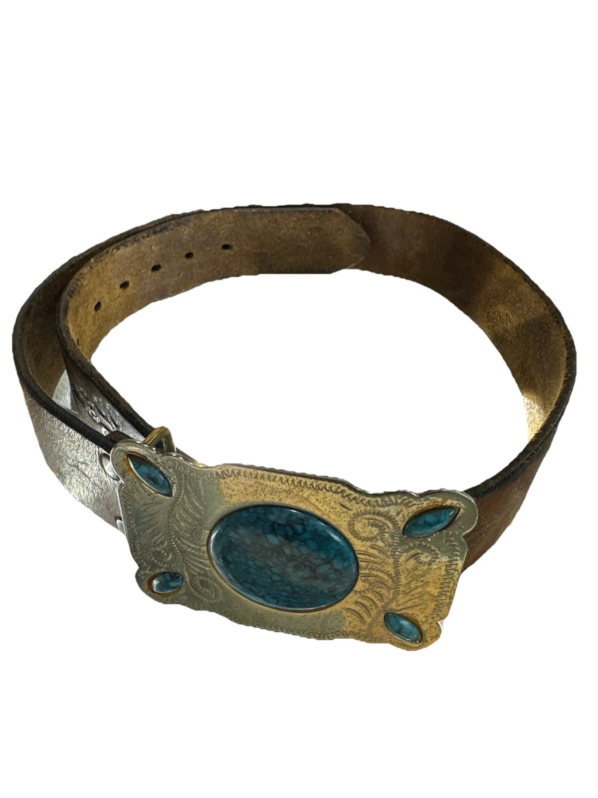 Vtg 70s Native American Nickel Silver Faux Turquoise Men's Belt Buckle (36 Belt)