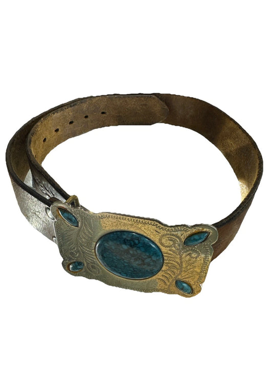 Vtg 70s Native American Nickel Silver Faux Turquoise Men's Belt Buckle (36 Belt)
