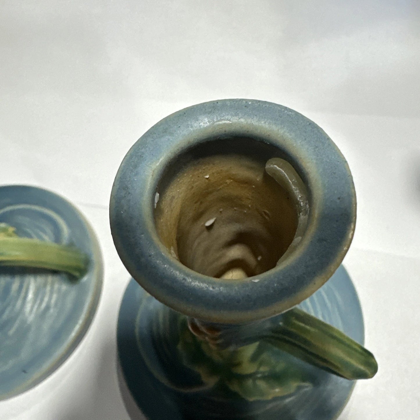 Old Roseville pottery Apple Blossom blue pr candlestick holders 352-4 1/2