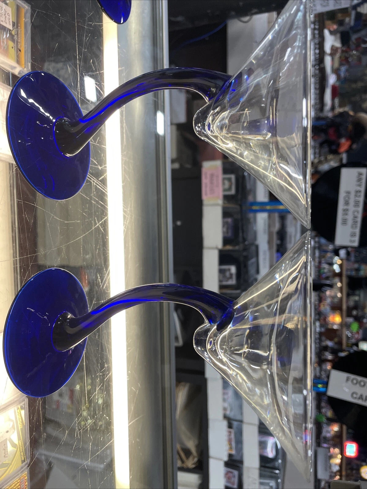 2 Libbey Blown Glass Floating Martini Glasses Cobalt Blue Stem, Startrek
