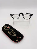 Vintage 1950s Women’s Black Frame Rx Reading Glasses With Embroidered Case