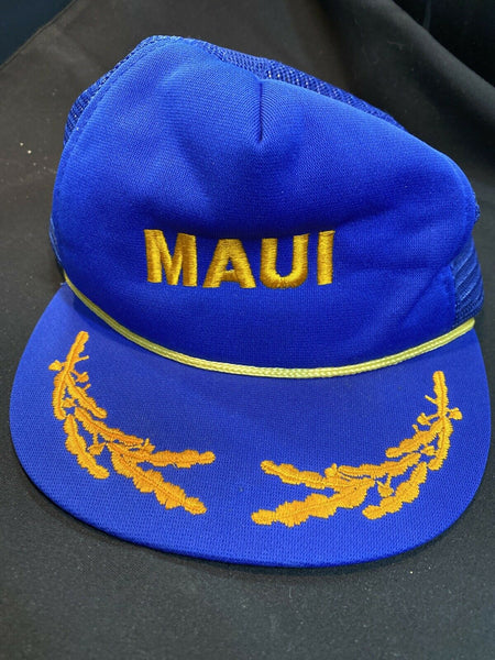 Vintage Maui Hawaii Trucker Hat Blue/Gold Leaf Hawaiian Snapback