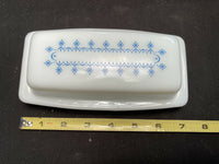 Vintage Pyrex Butter Dish with Lid - White with Blue Snowflake Print Milk Glass