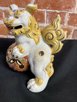 Vintage Chinese Moriage Style 7" White Signed Foo Dog Lion Globe Figure Statue