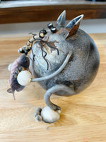 Vintage Fishing Round Cat Sculpture Recycled Scrap Metal Art Figurine 5"