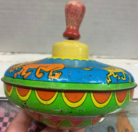 Vintage Colorful Tin Spinning Top With Wood Handle Zoo Animals
