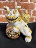Vintage Chinese Moriage Style 7" White Signed Foo Dog Lion Globe Figure Statue