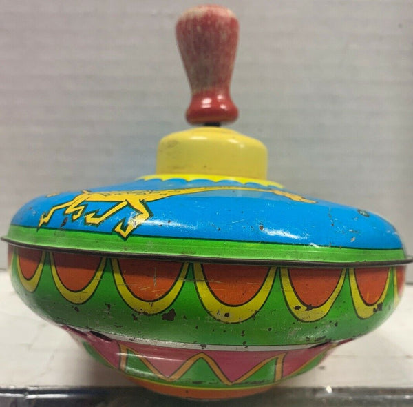 Vintage Colorful Tin Spinning Top With Wood Handle Zoo Animals