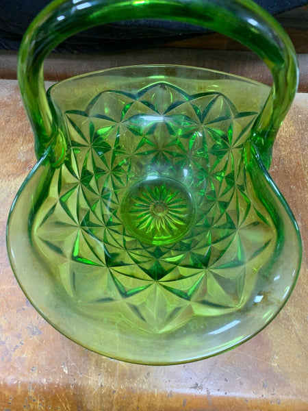 Vintage Glass Large Green Basket Diamond VERY FRAGILE