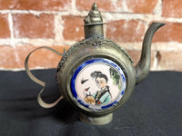 Vtg Asian Silver & Porcelain Mini Teapot With Geisha, Buddha, Butterfly & Frog