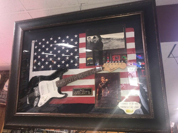 Signed U2 Joshua Tree Record W Squire Mini Guitar, Photo in Plexiglass Frame COA