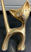 Vintage Gold Chrome Metal Ring Holder Kitty Cat Rhinestone Eyes Long Tail