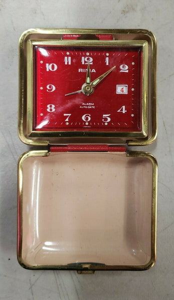 VTG MCM 1960s Bulova Lite Travel Alarm Clock Watch Red Leather Case Retro Japan